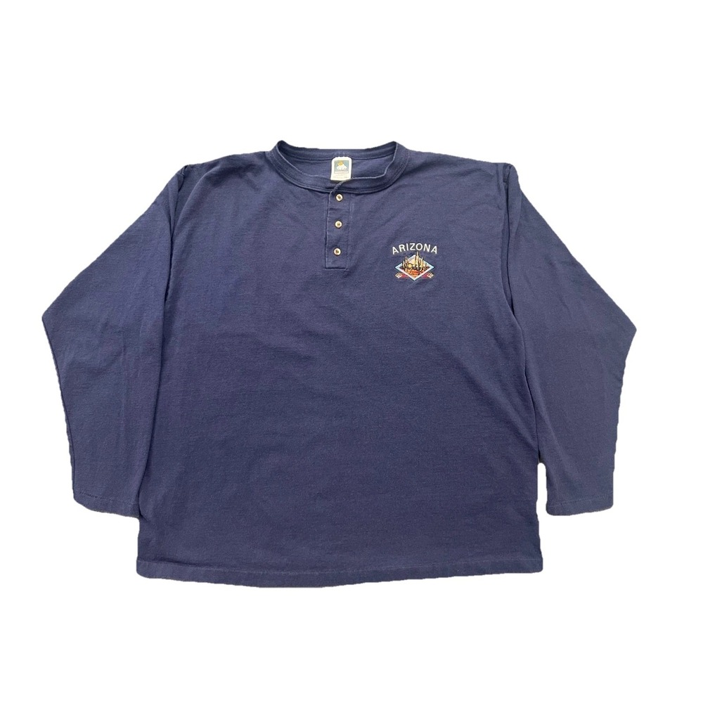 Vintage Cotton Deluxe Shirt Mens XL Blue Arizona Desert Cactus Logo Henley Neck